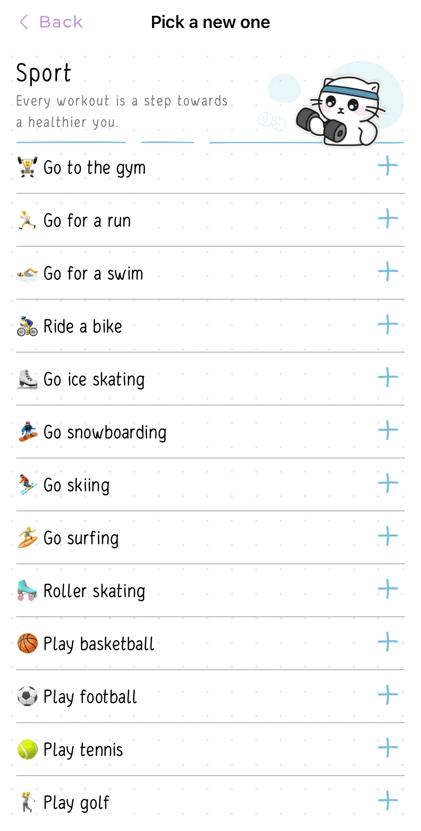The Habit Suggestions on the Hizo App with the Sport Category.