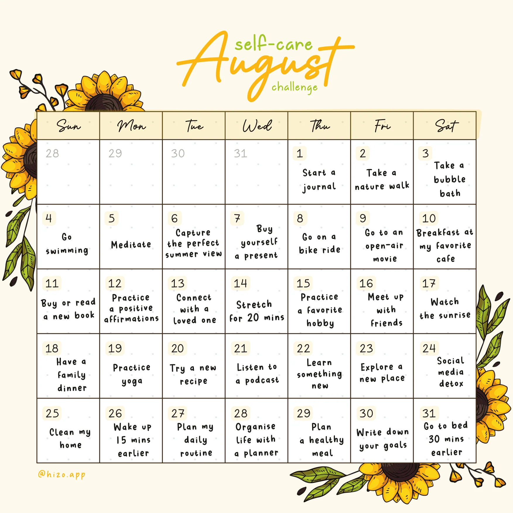 August Challenge Calendar 2024