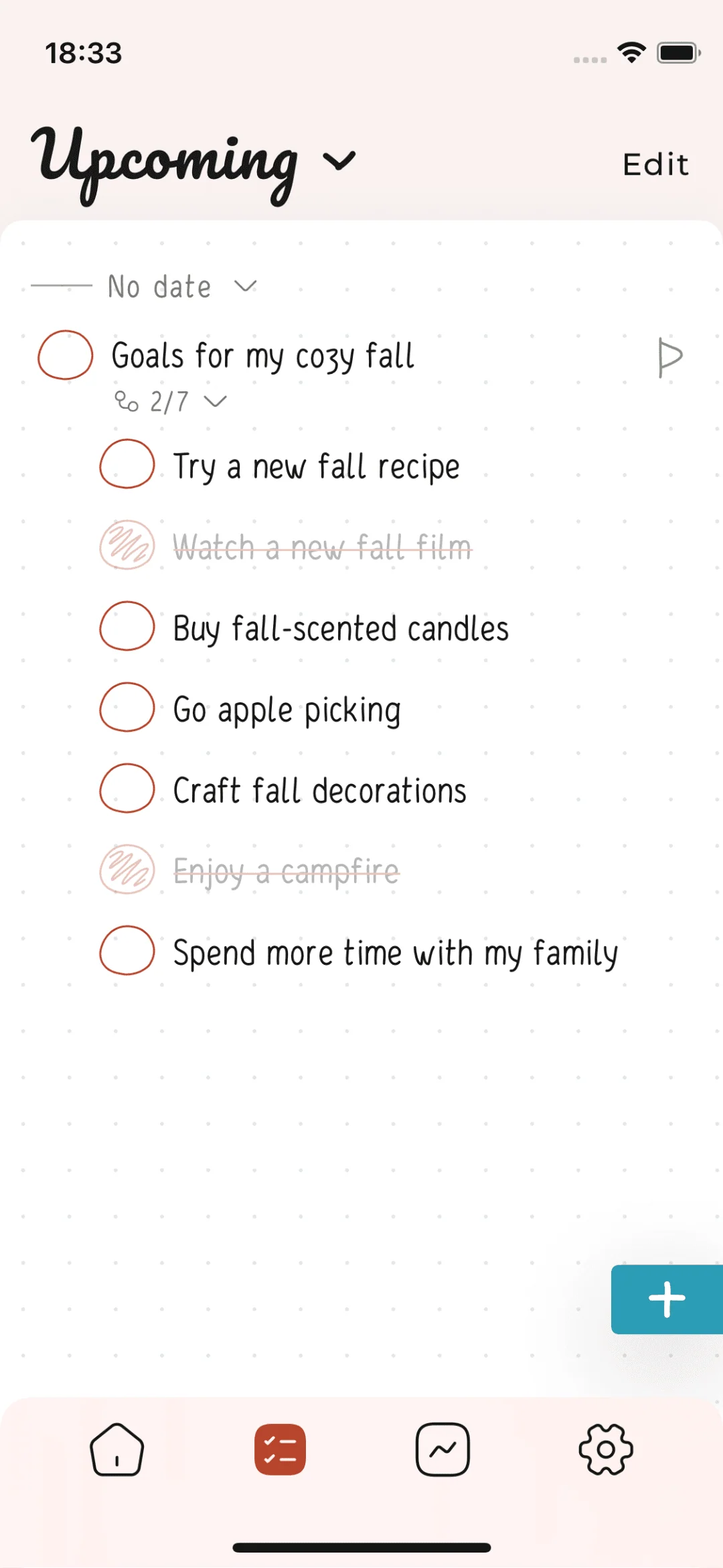 Screenshots of the Hizo app with the goal for fall and its subtasks.