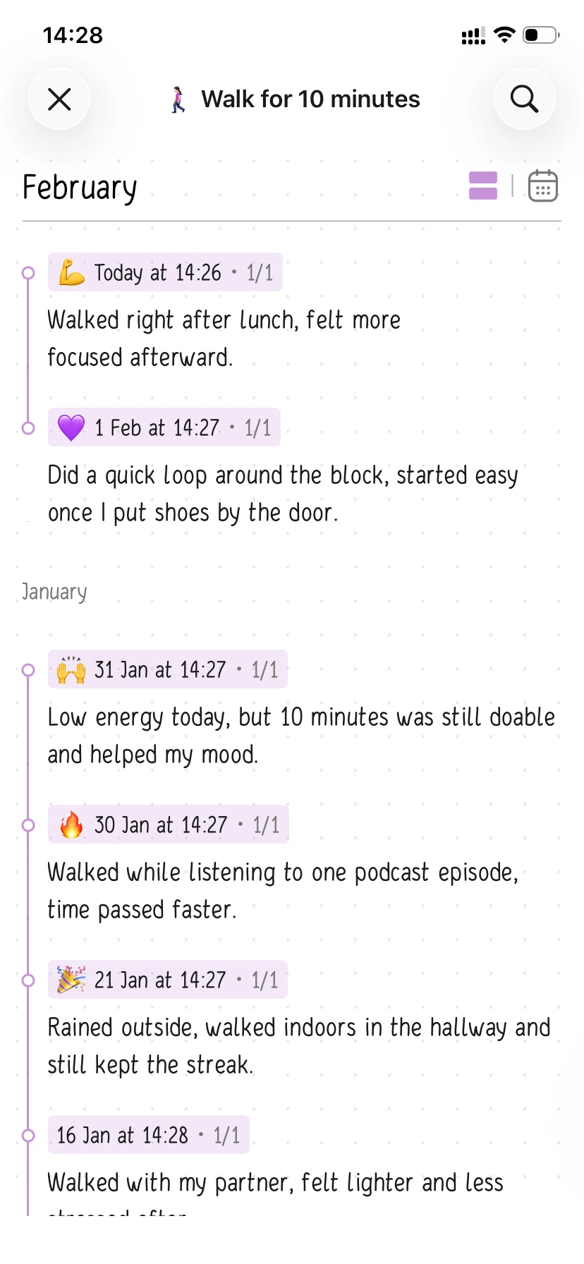 List of notes for Walk for 10 minutes with dated entries, emojis, and short reflections.