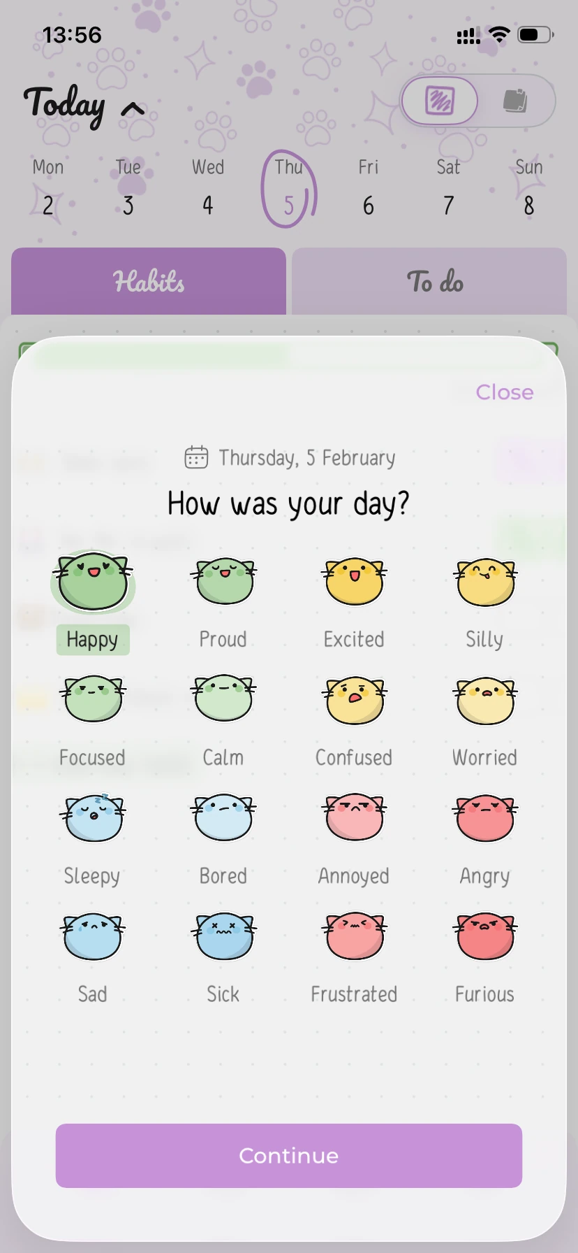 Hizo Daily Check-in screen with a mood grid, the “Happy” option selected, and a Continue button.
