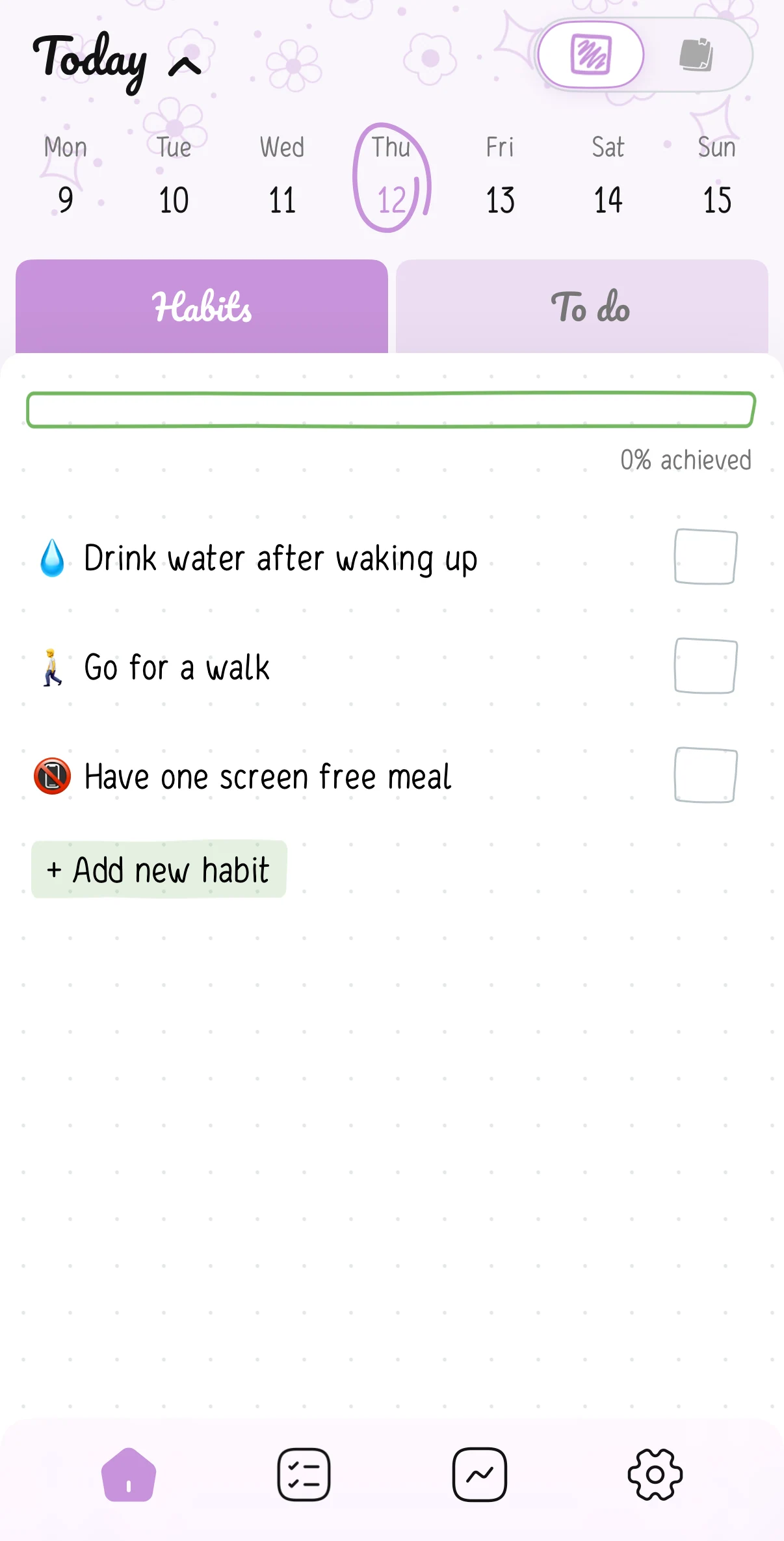Screenshots of the Hizo app with habit ideas - Option 1.